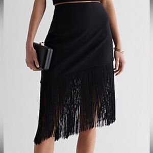EXPRESS high waisted fringe asymmetrical hem midi skirt